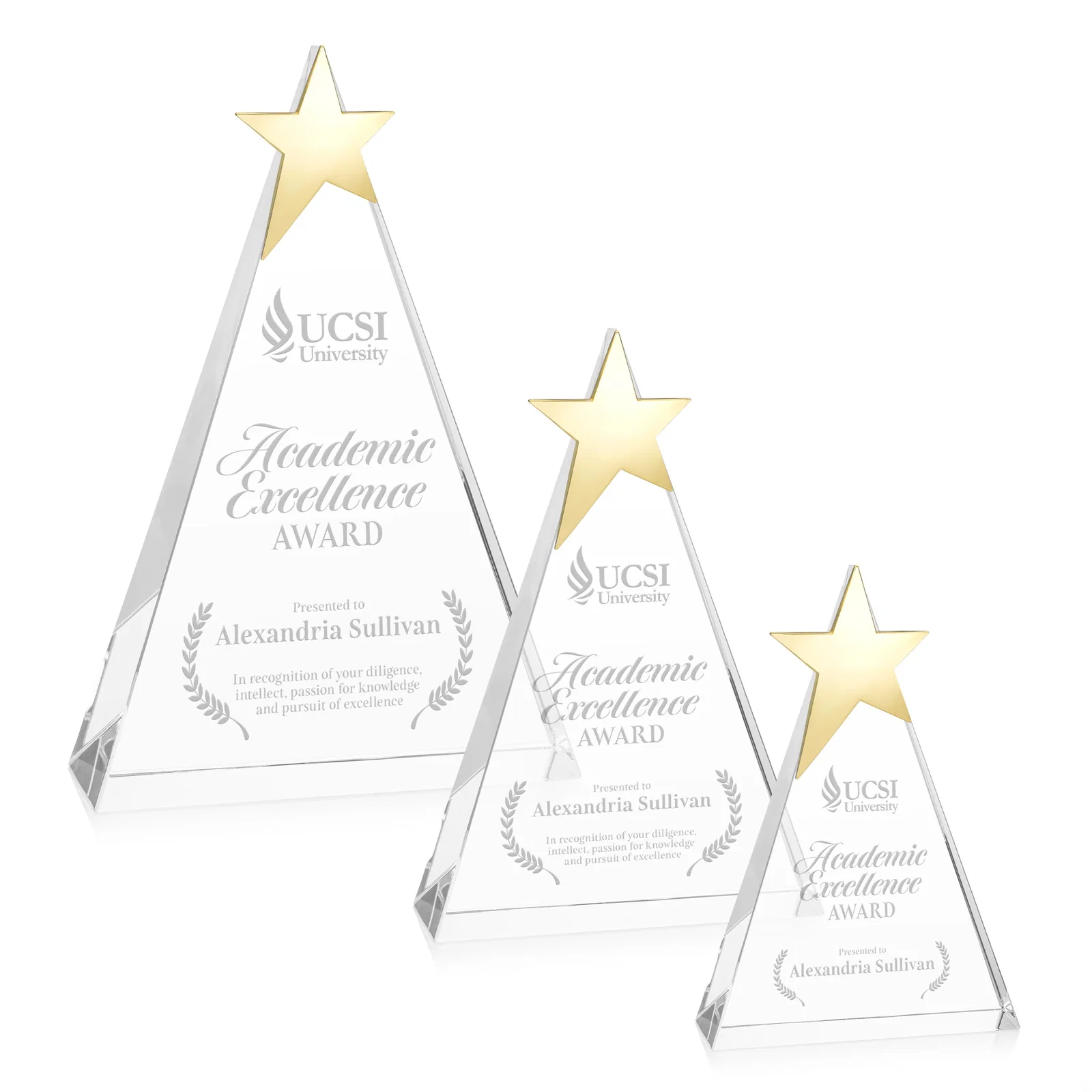 Custom Optical Crystal Triangle Award Crowned with a Chrome Star for team milestone celebrations