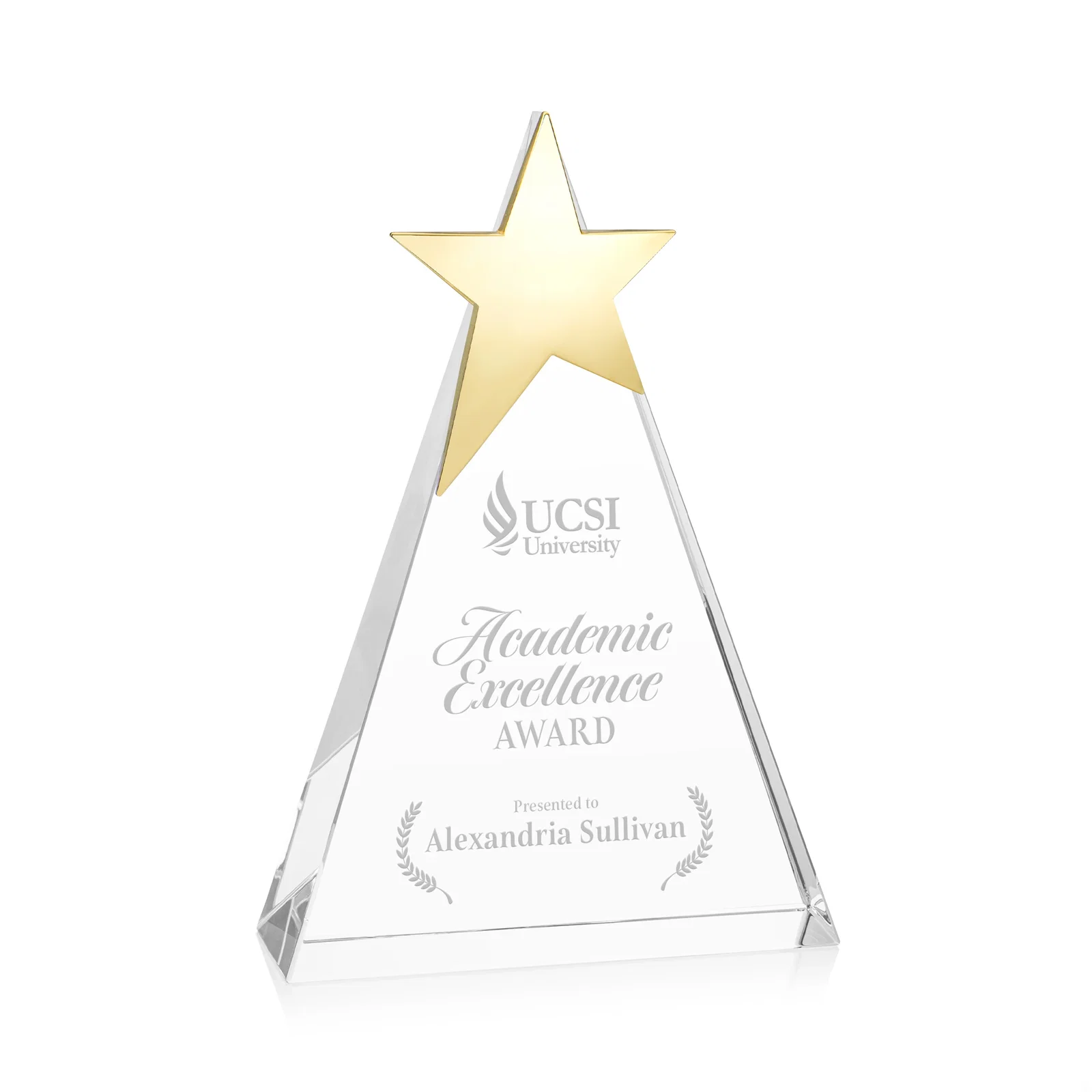 Custom Optical Crystal Triangle Award Crowned with a Chrome Star for donor appreciation