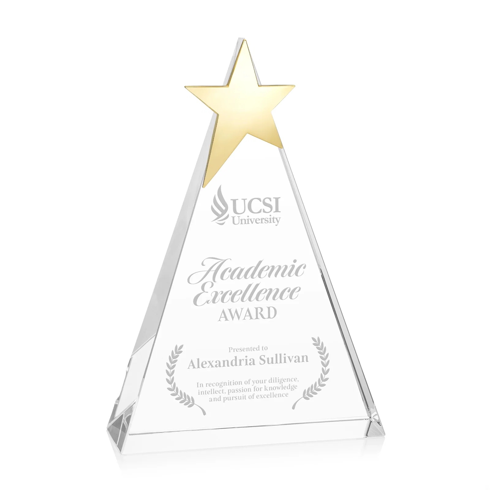 Custom Optical Crystal Triangle Award Crowned with a Chrome Star for graduation ceremonies