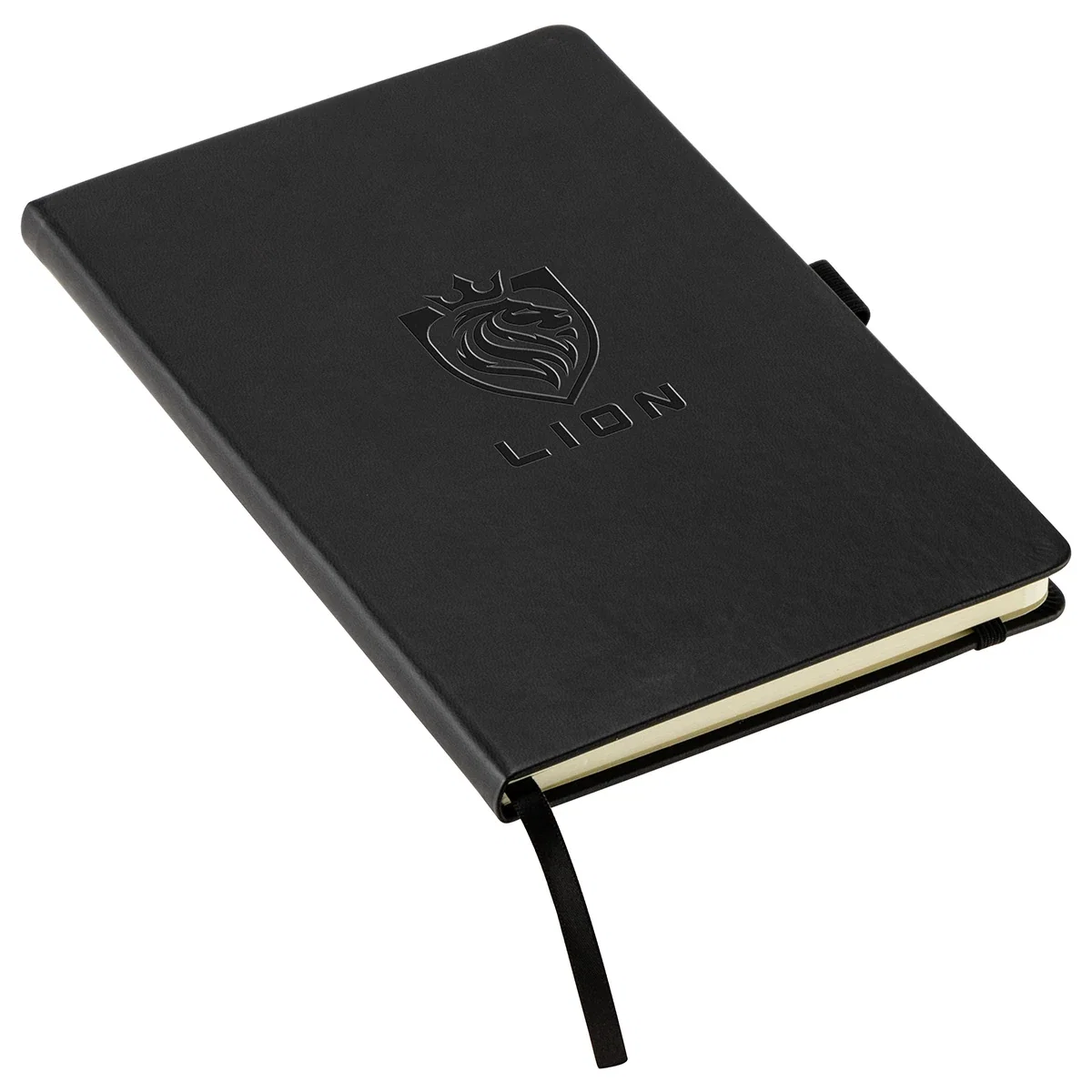 Custom Elan hardcover journal side profile showing pen loop and pen