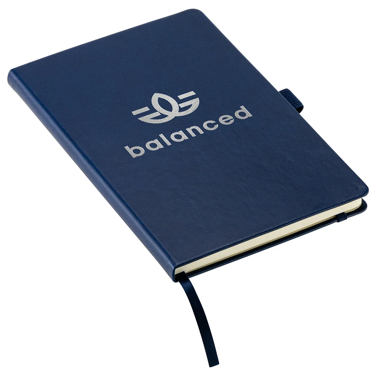 Branded Elan leatherette journal close-up of debossed logo imprint on cover