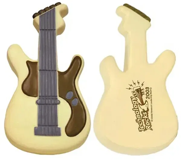 Electric guitar-shaped custom stress reliever squeeze toy with logo imprint, front view