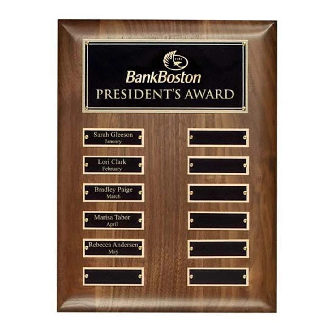 Custom Hand-Rubbed Walnut Perpetual Plaque With 12 Pre-Attached Plates for employee recognition