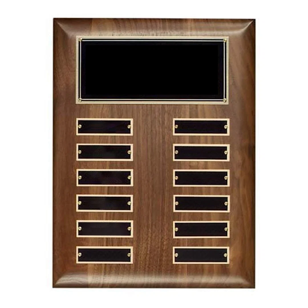 Custom Hand-Rubbed Walnut Perpetual Plaque With 12 Pre-Attached Plates for corporate award ceremonies