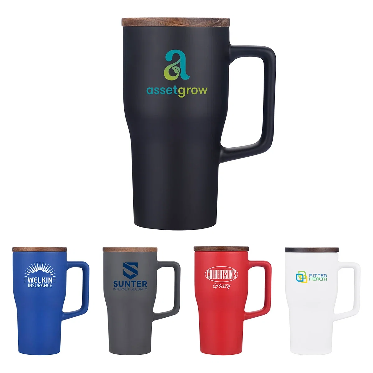 Custom Element 18 oz ceramic mug with wood lid, front view of the branded mug