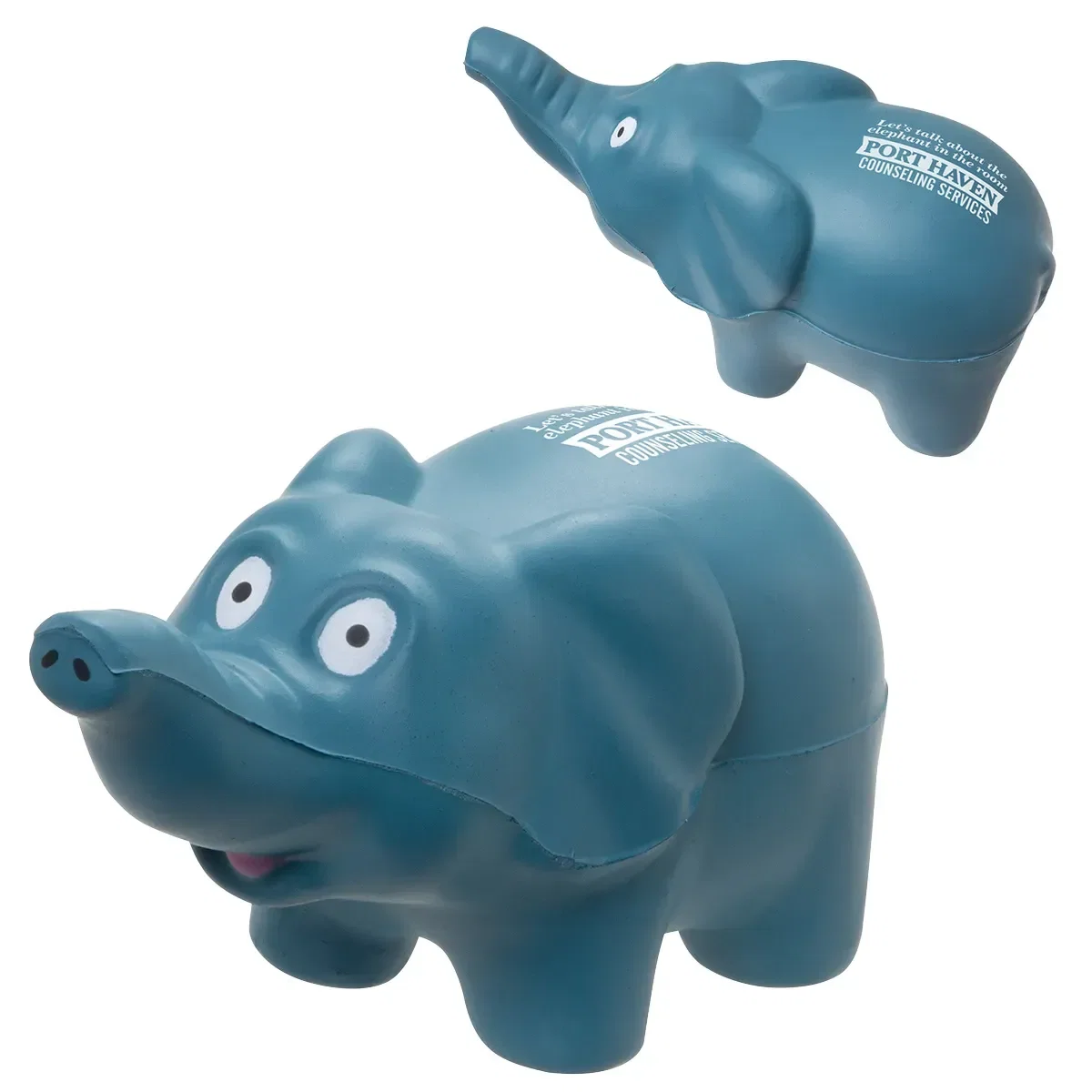 Elephant stress reliever with custom logo, branded elephant-shaped promotional squeeze toy for zoos