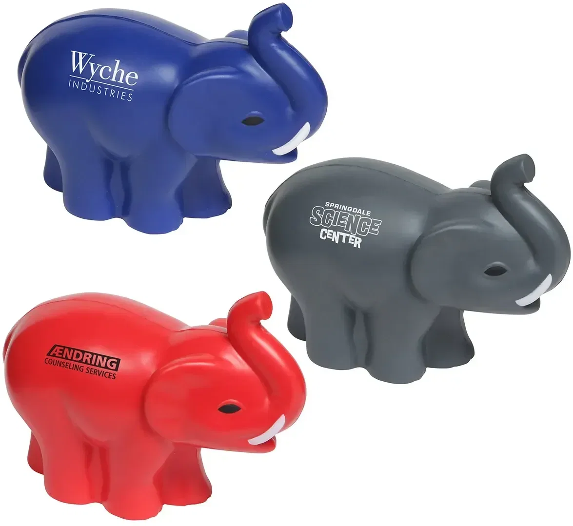 Tusked elephant custom stress reliever front view, branded promotional squeeze toy for logo giveaways