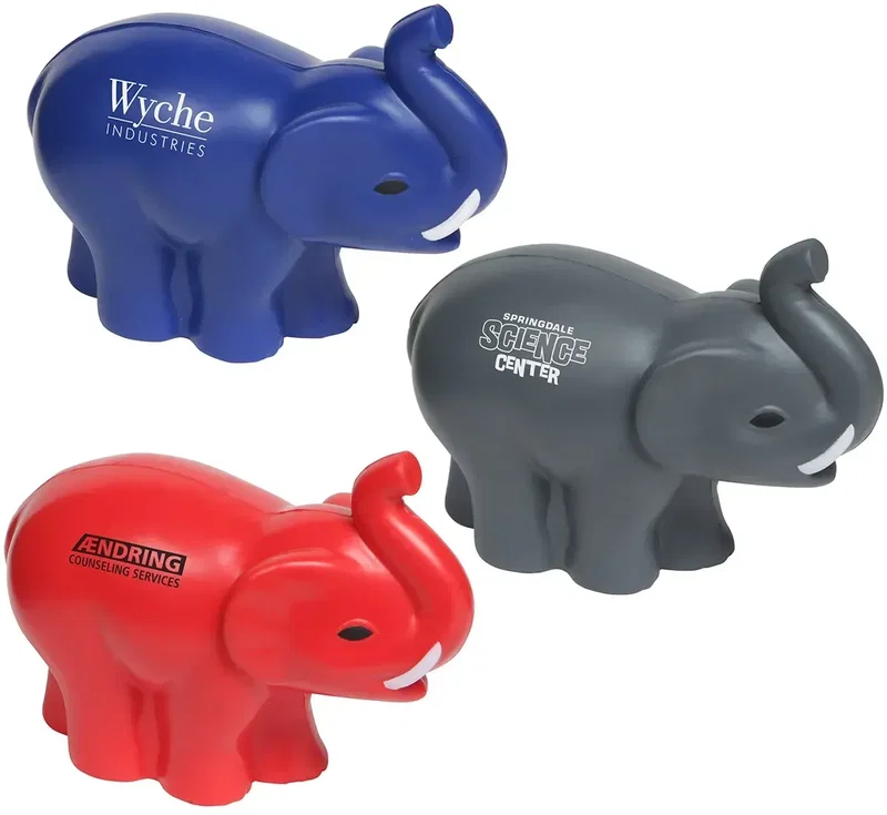 Tusked elephant custom stress reliever front view, branded promotional squeeze toy for logo giveaways