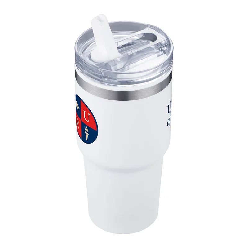 Promotional Elgin Travel Tumbler on a desk, branded drinkware lifestyle shot