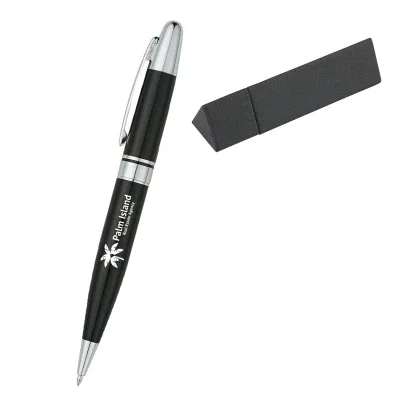 Black metal pen with silver trim resting inside its case