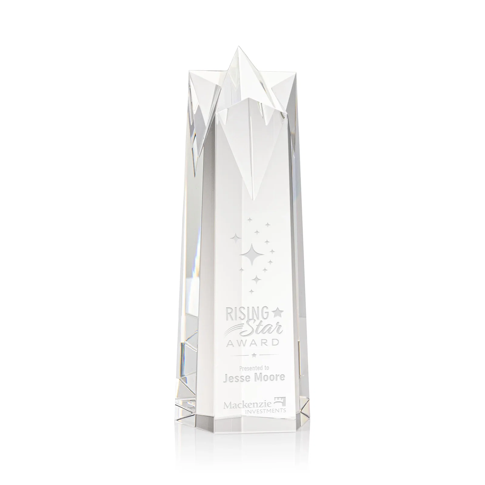 Custom Optical Crystal Obelisk Award With Flat Star-Shaped Top for corporate award ceremonies