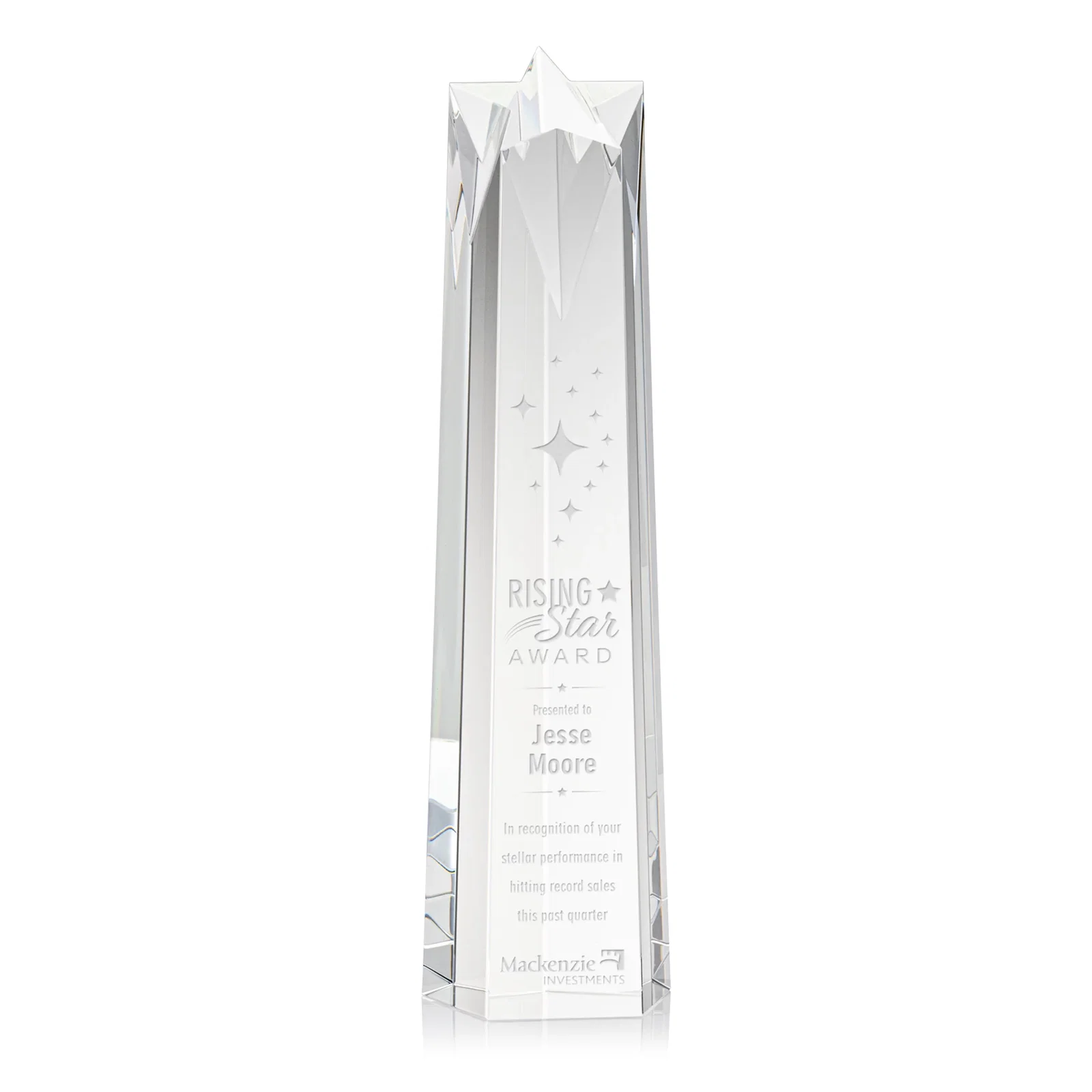 Custom Optical Crystal Obelisk Award With Flat Star-Shaped Top for sales achievement awards