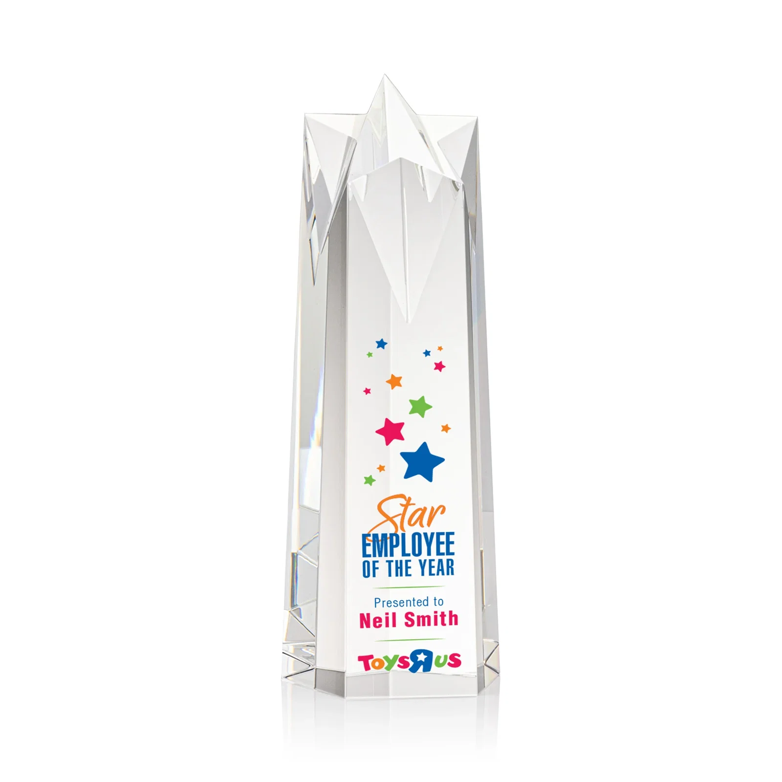 Custom Optical Crystal Obelisk Award With Flat Star-Shaped Top for donor appreciation