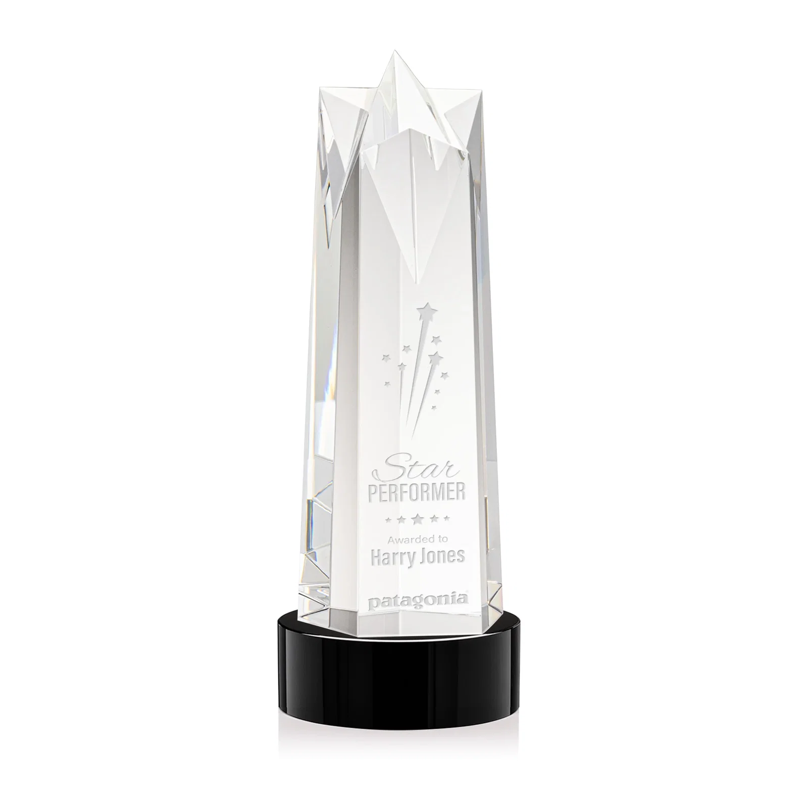 Custom Optical Crystal Obelisk Award with Flat Star Face for dealer and partner awards