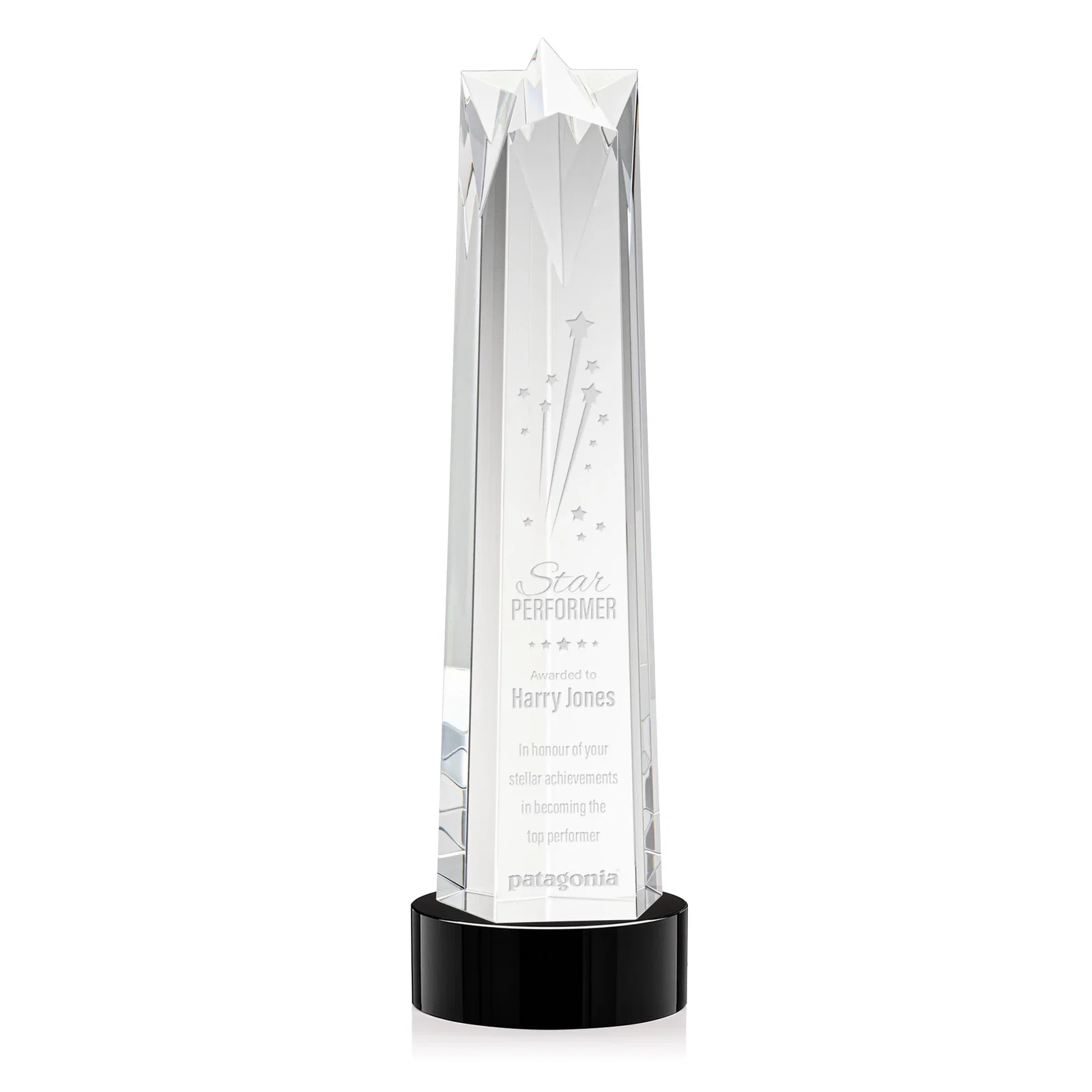 Personalized Optical Crystal Obelisk Award with Flat Star Face for employee recognition