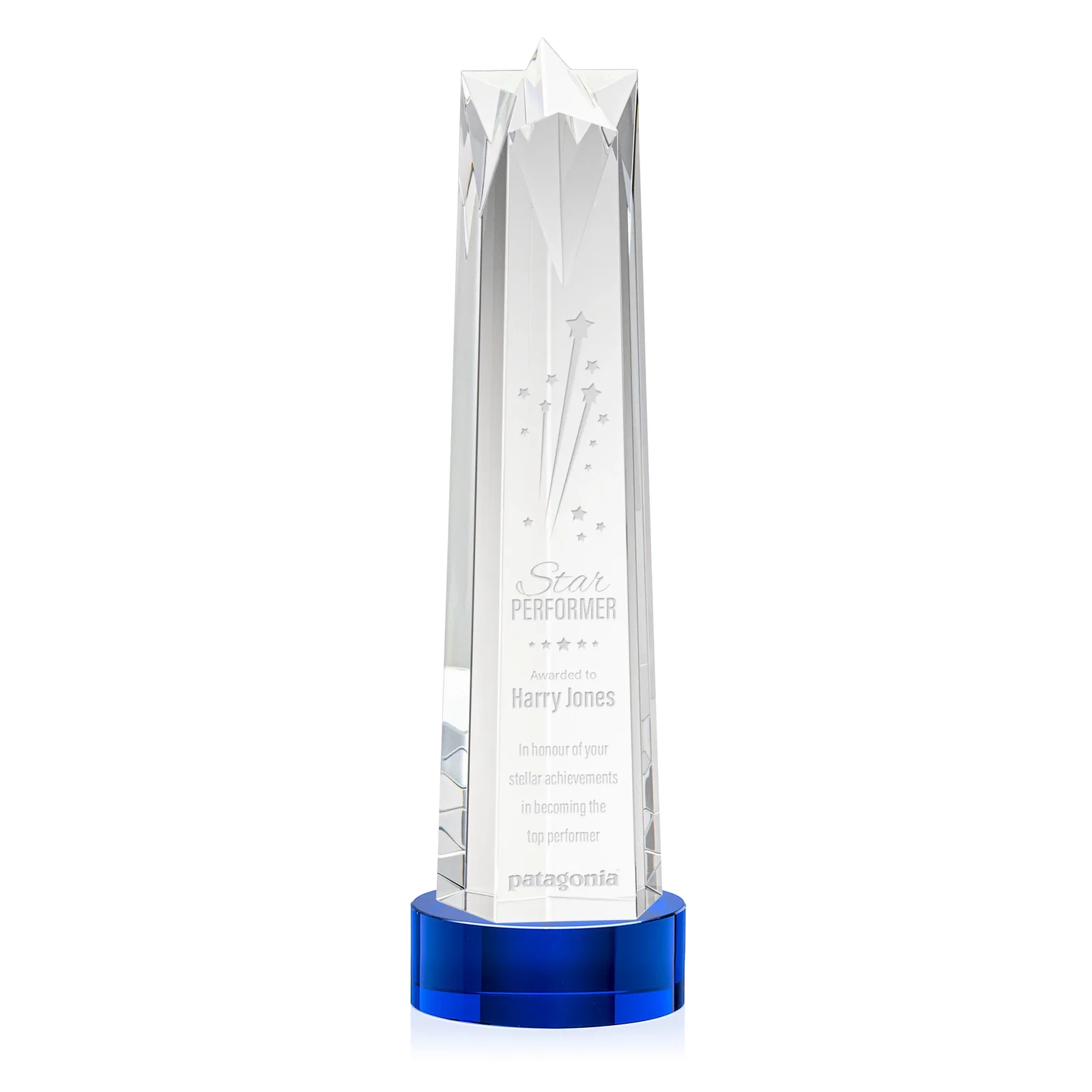 Personalized Optical Crystal Obelisk Award with Flat Star Face for retirement presentations