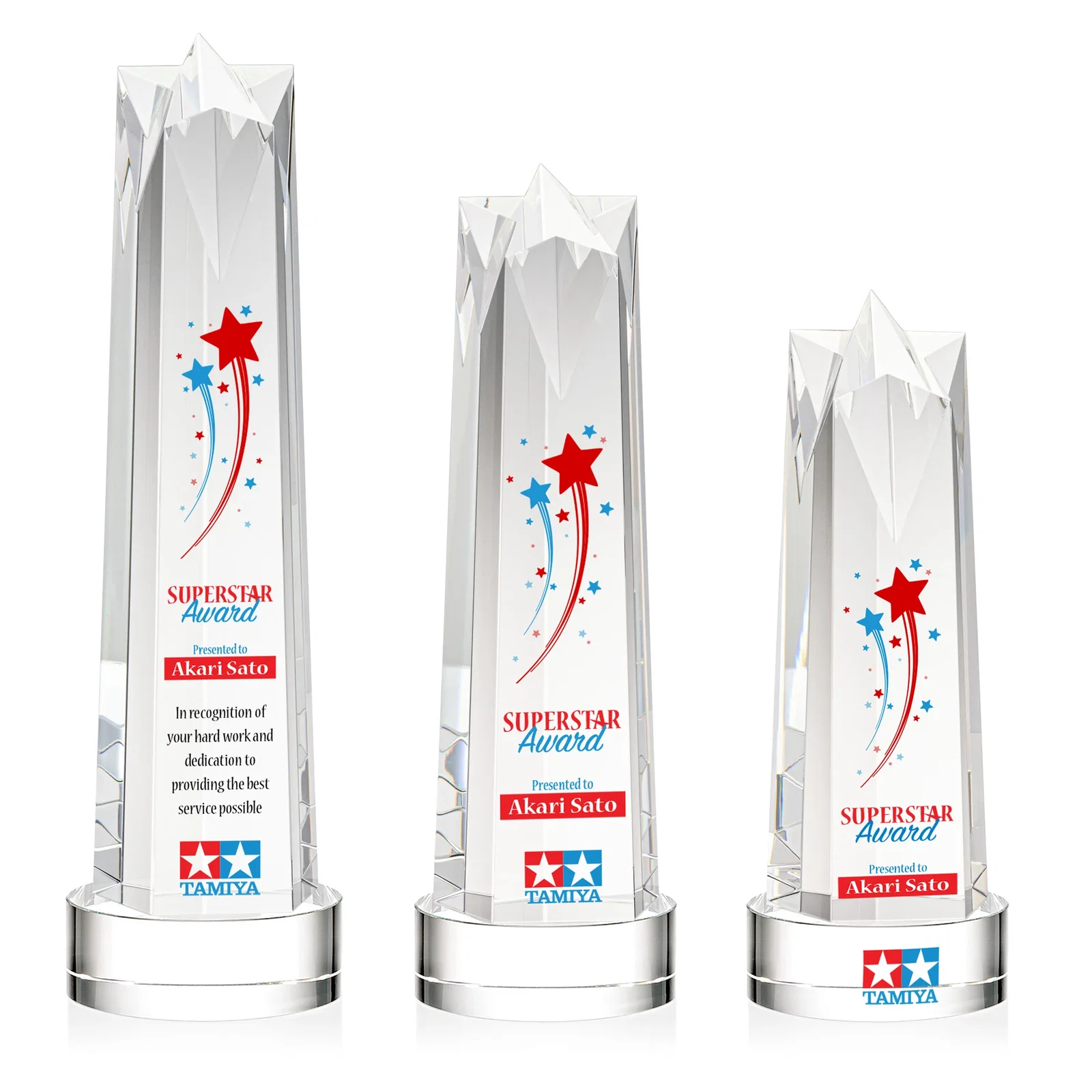 Personalized Optical Crystal Obelisk Award with Flat Star Face for team milestone celebrations