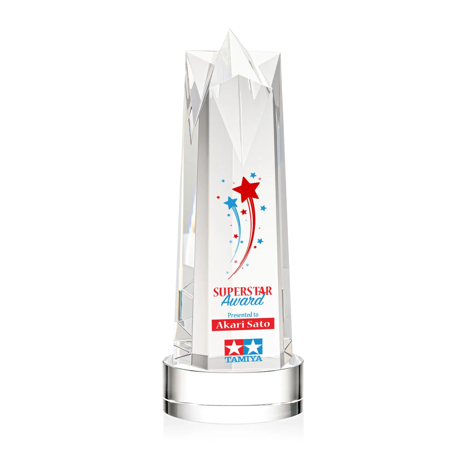 Personalized Optical Crystal Obelisk Award with Flat Star Face for donor appreciation