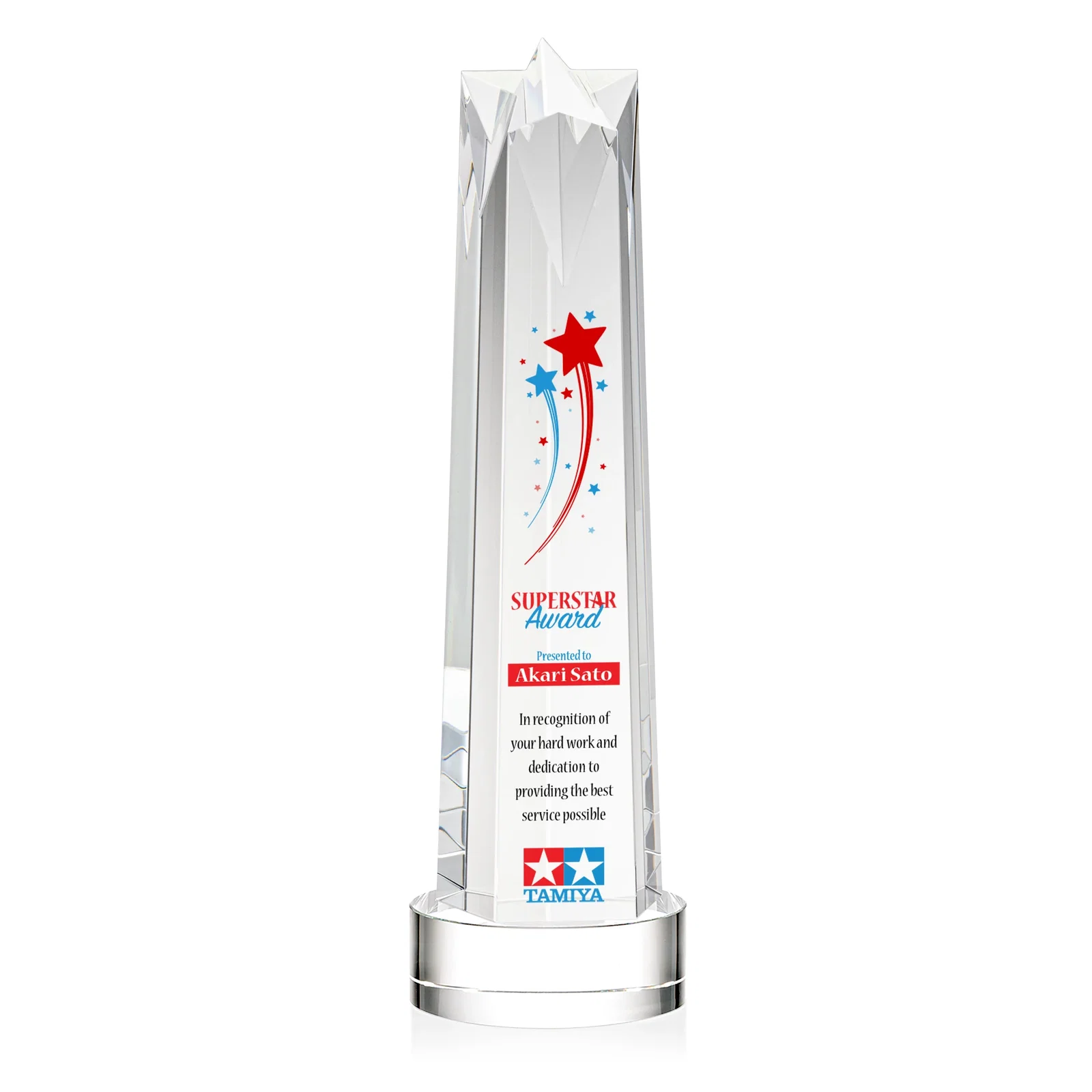 Personalized Optical Crystal Obelisk Award with Flat Star Face for safety achievement programs