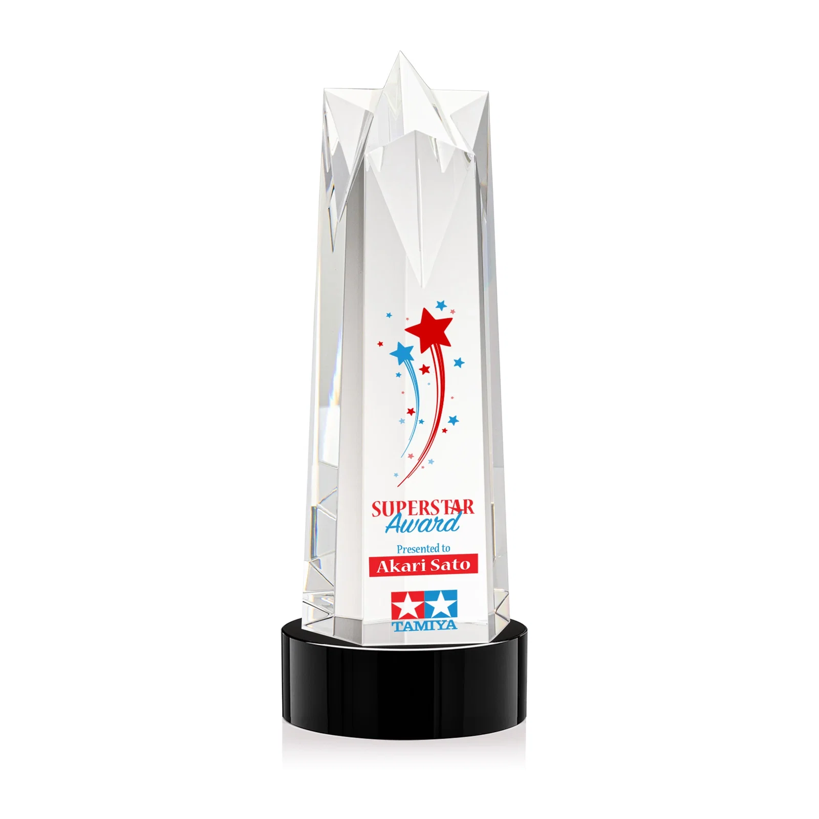 Promotional Optical Crystal Obelisk Award with Flat Star Face for service anniversary gifts