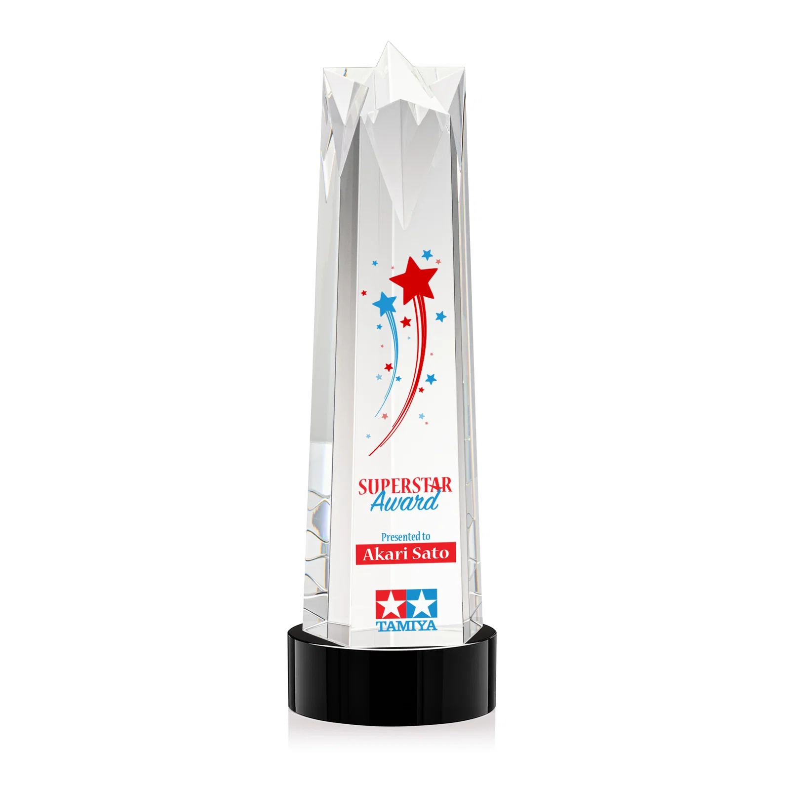 Promotional Optical Crystal Obelisk Award with Flat Star Face for sales achievement awards