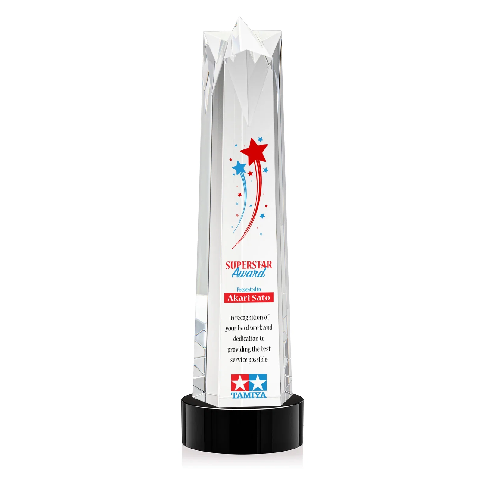 Promotional Optical Crystal Obelisk Award with Flat Star Face for retirement presentations