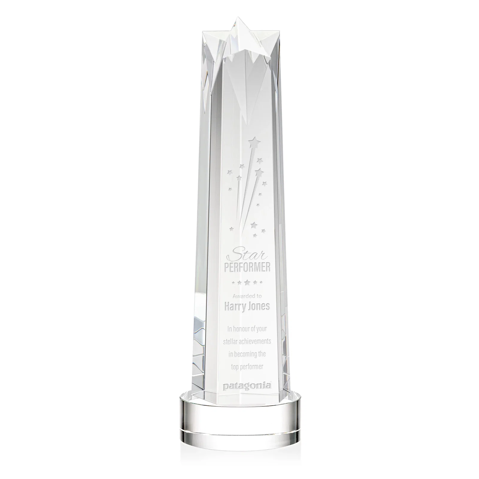 Custom Optical Crystal Obelisk Award with Flat Star Face for sales achievement awards