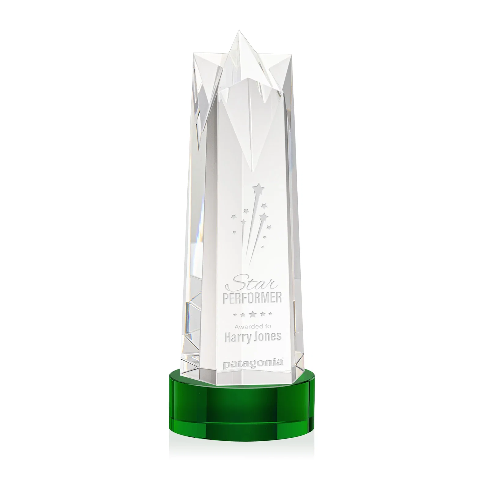 Custom Optical Crystal Obelisk Award with Flat Star Face for donor appreciation