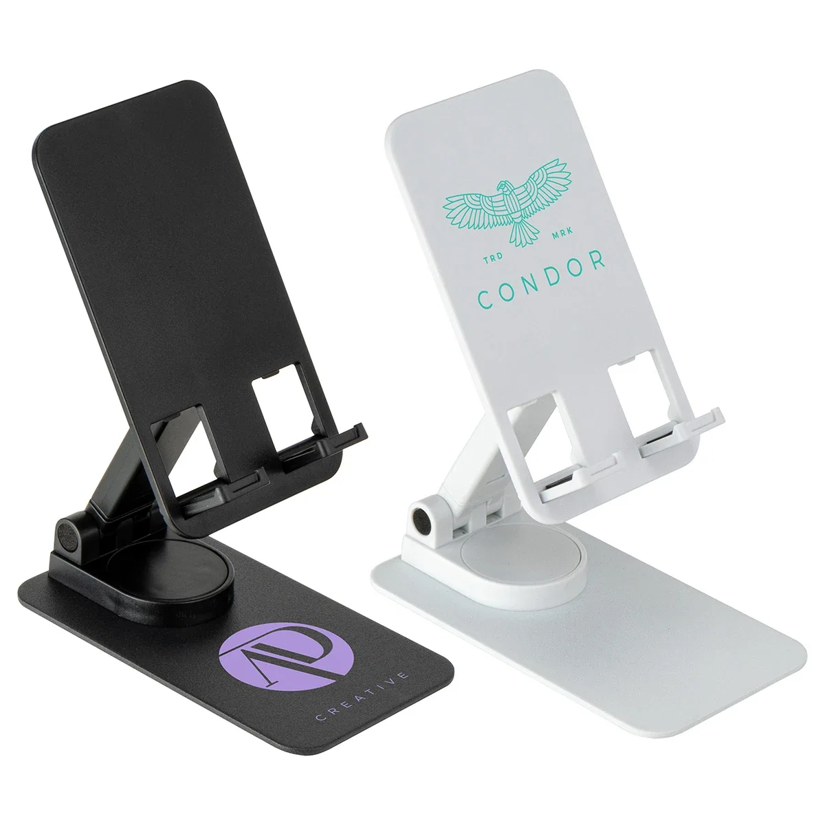 Ellipse 360 Rotating Steel Phone Stand, custom branded promotional phone stand front view
