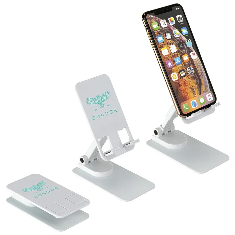 Custom Ellipse phone stand folded flat for portability, top view