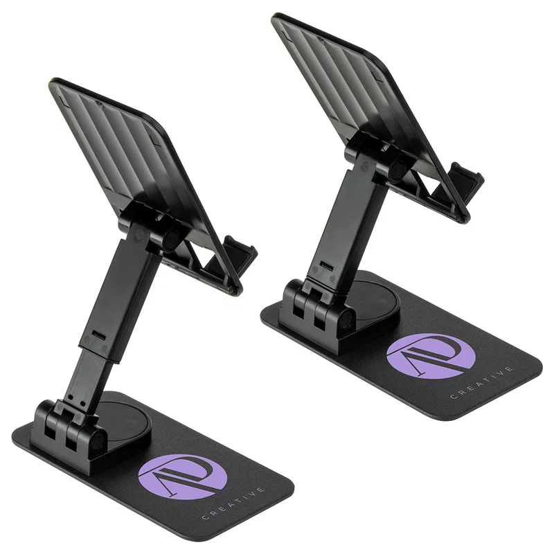 Promotional Ellipse rotating phone stand holding a phone in portrait on a desk