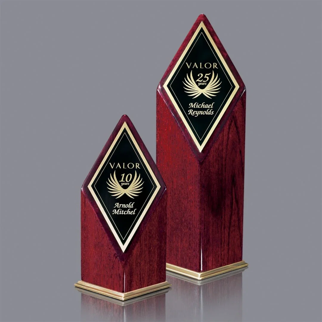 Custom Rosewood Diamond Award with Separate Gold Engraving Plate for employee recognition
