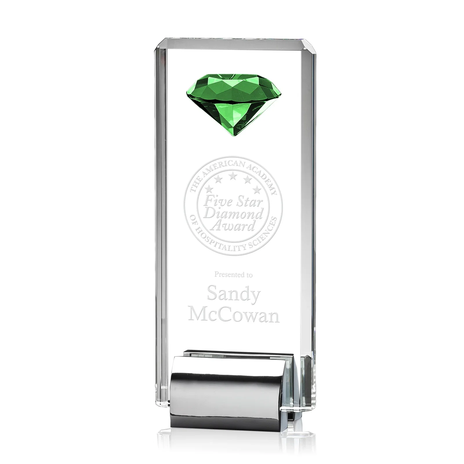 Custom Crystal Rectangle with Gemstone Accent on Silver Cast Base for dealer and partner awards