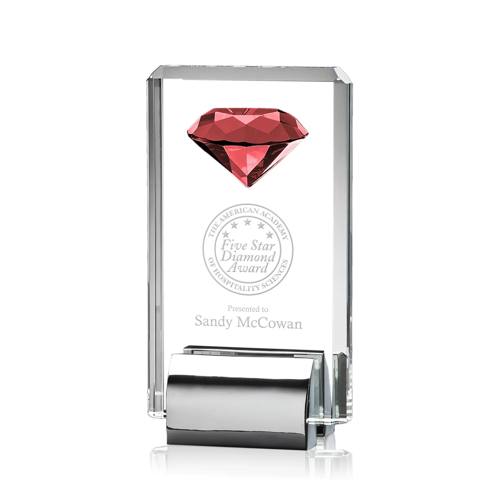 Personalized Crystal Rectangle with Gemstone Accent on Silver Cast Base for corporate award ceremonies