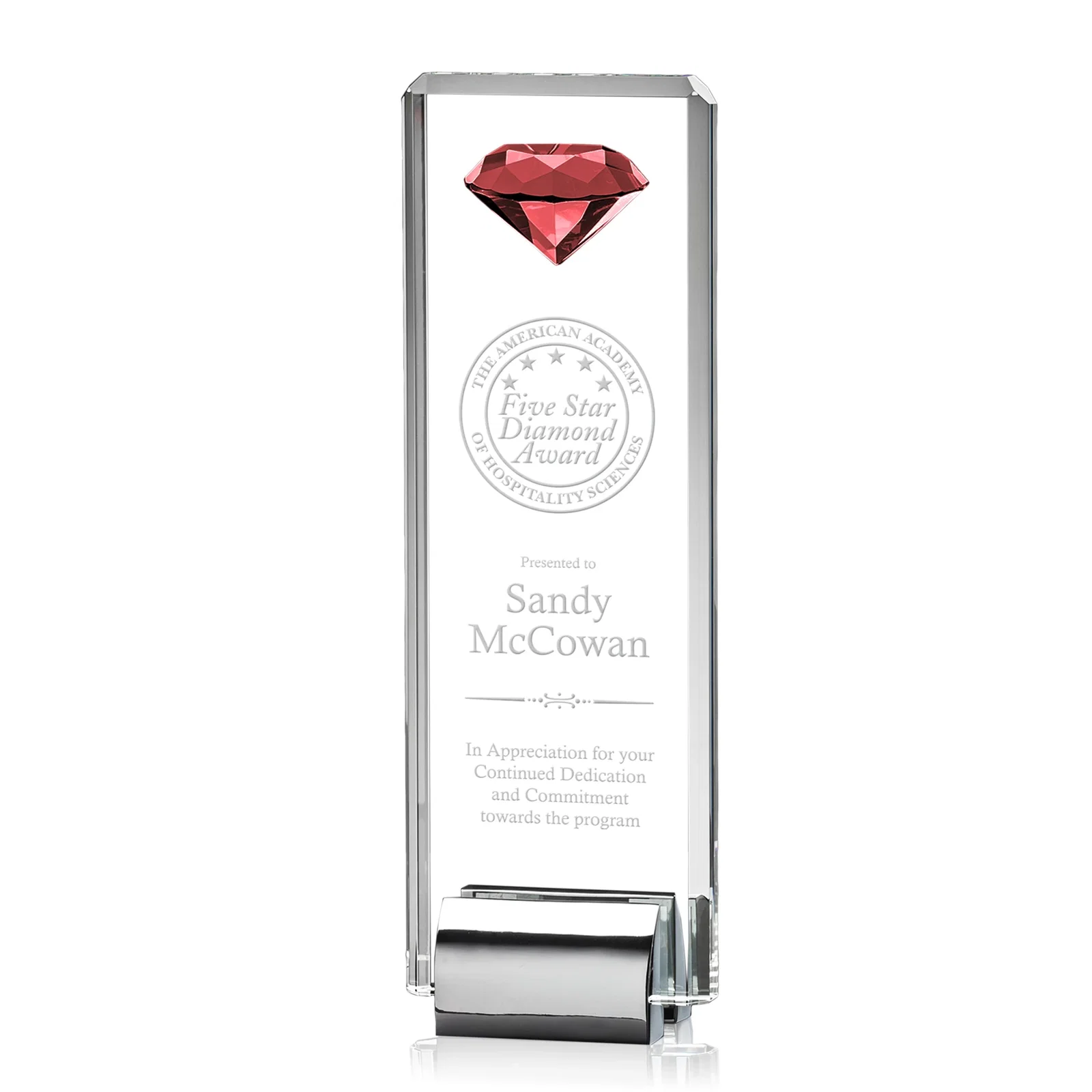Personalized Crystal Rectangle with Gemstone Accent on Silver Cast Base for sales achievement awards