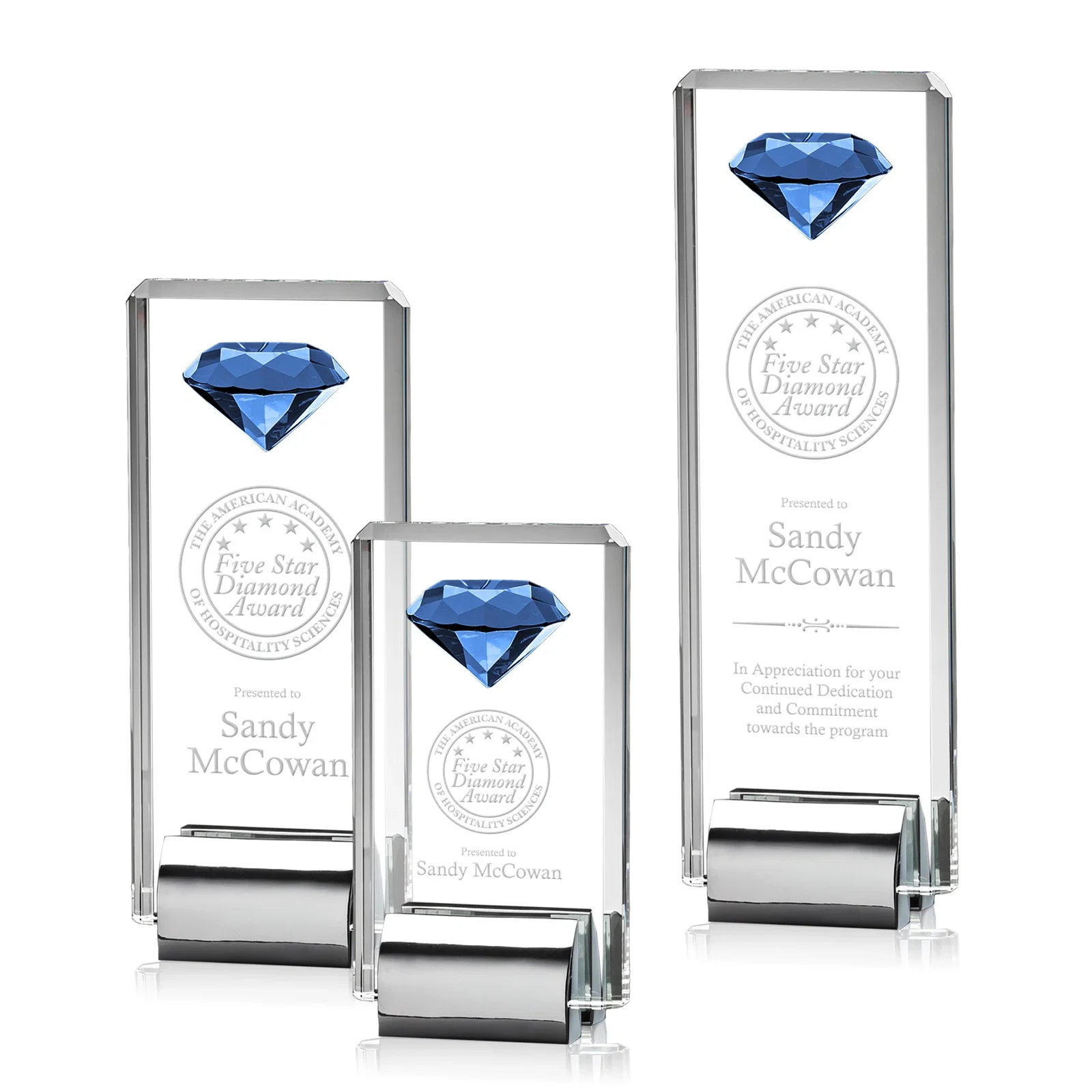 Personalized Crystal Rectangle with Gemstone Accent on Silver Cast Base for retirement presentations