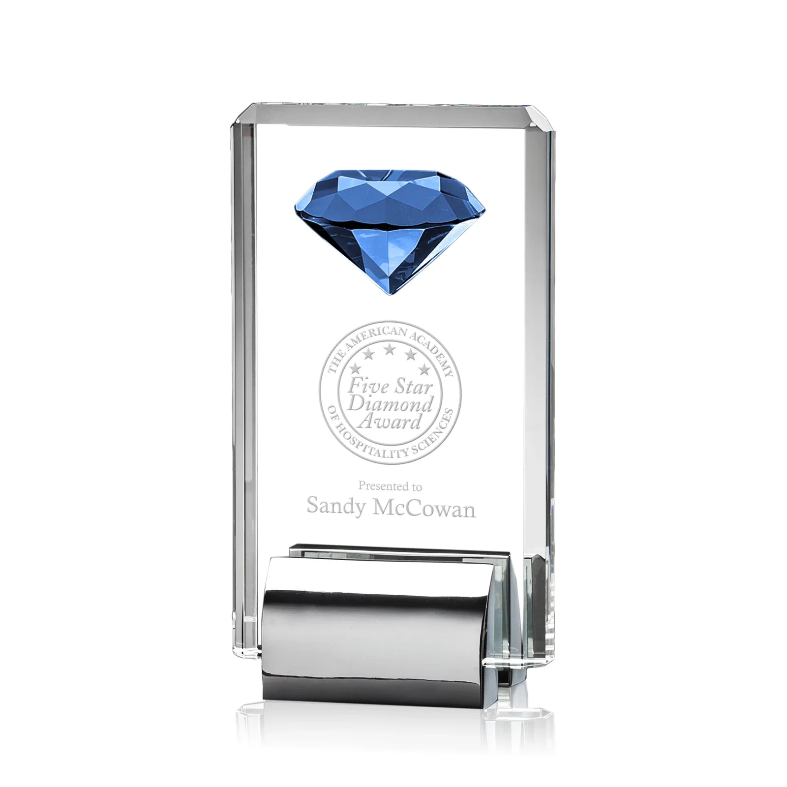 Personalized Crystal Rectangle with Gemstone Accent on Silver Cast Base for team milestone celebrations