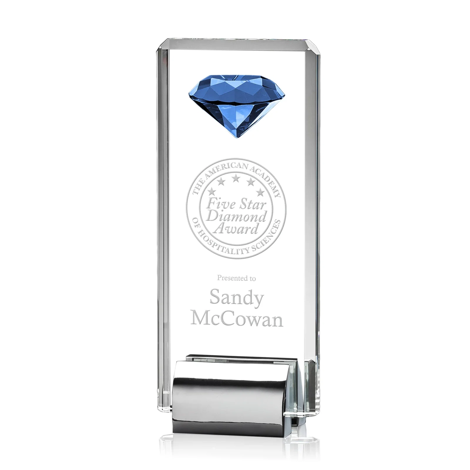 Personalized Crystal Rectangle with Gemstone Accent on Silver Cast Base for donor appreciation