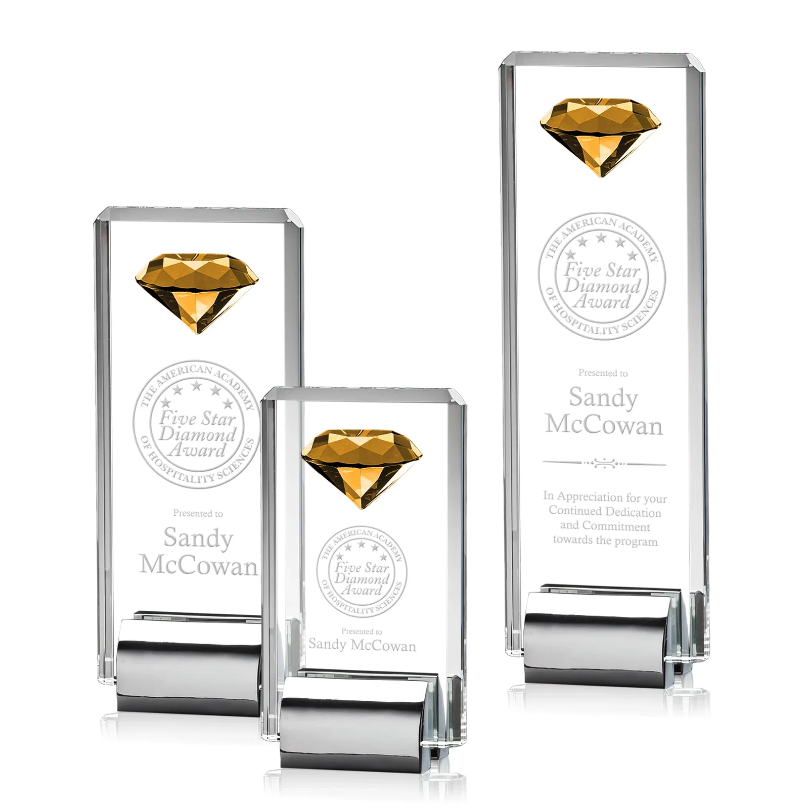 Custom Crystal Rectangle with Gemstone Accent on Silver Cast Base for retirement presentations