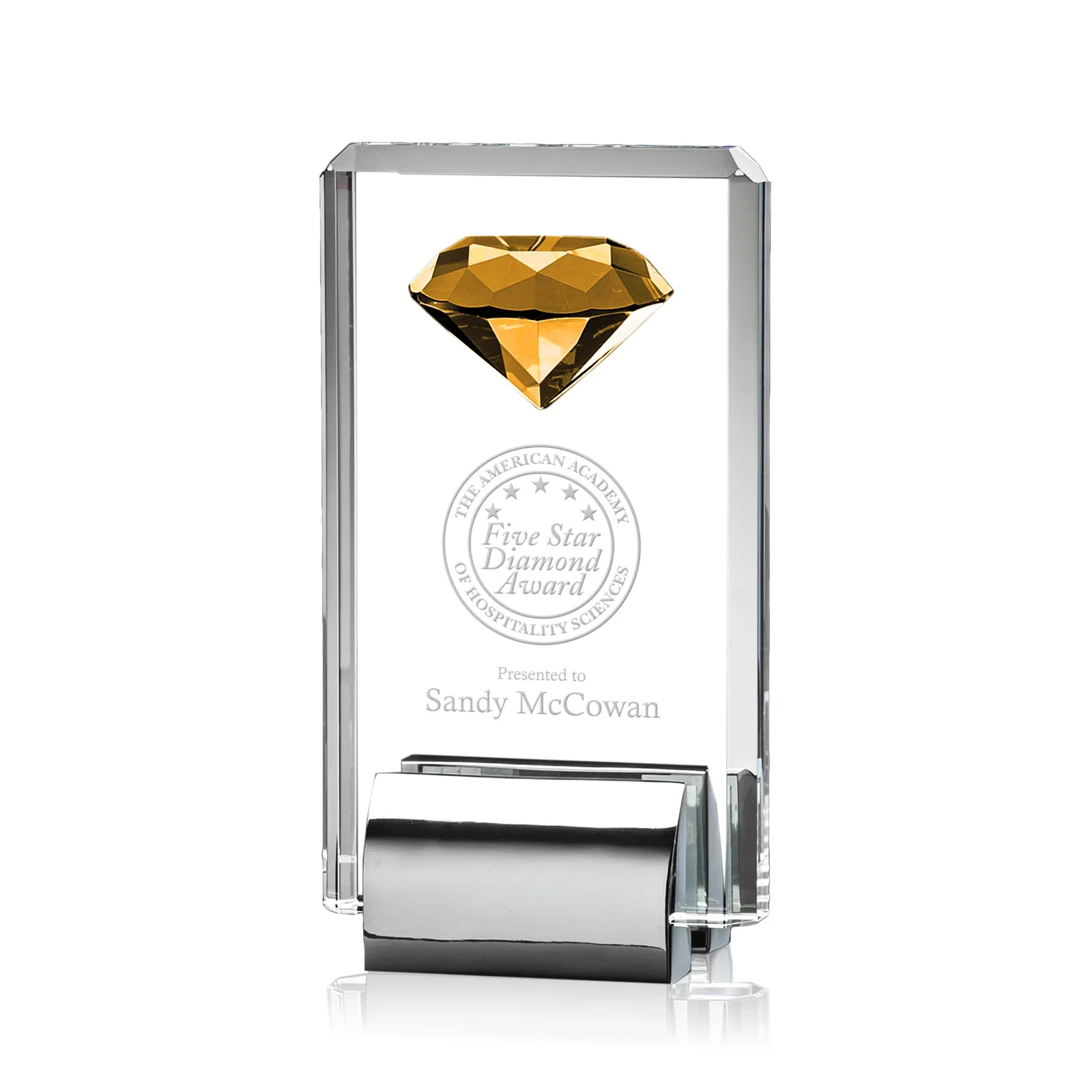 Custom Crystal Rectangle with Gemstone Accent on Silver Cast Base for team milestone celebrations