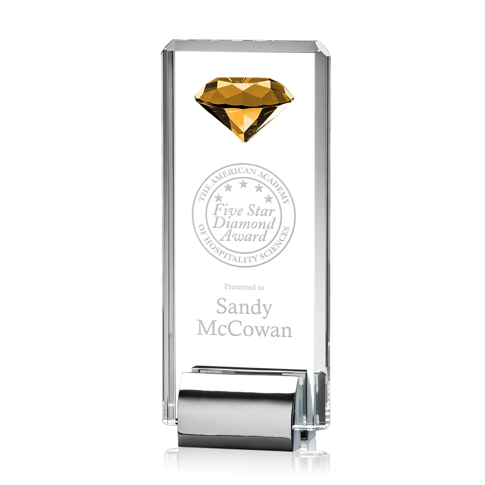 Custom Crystal Rectangle with Gemstone Accent on Silver Cast Base for donor appreciation