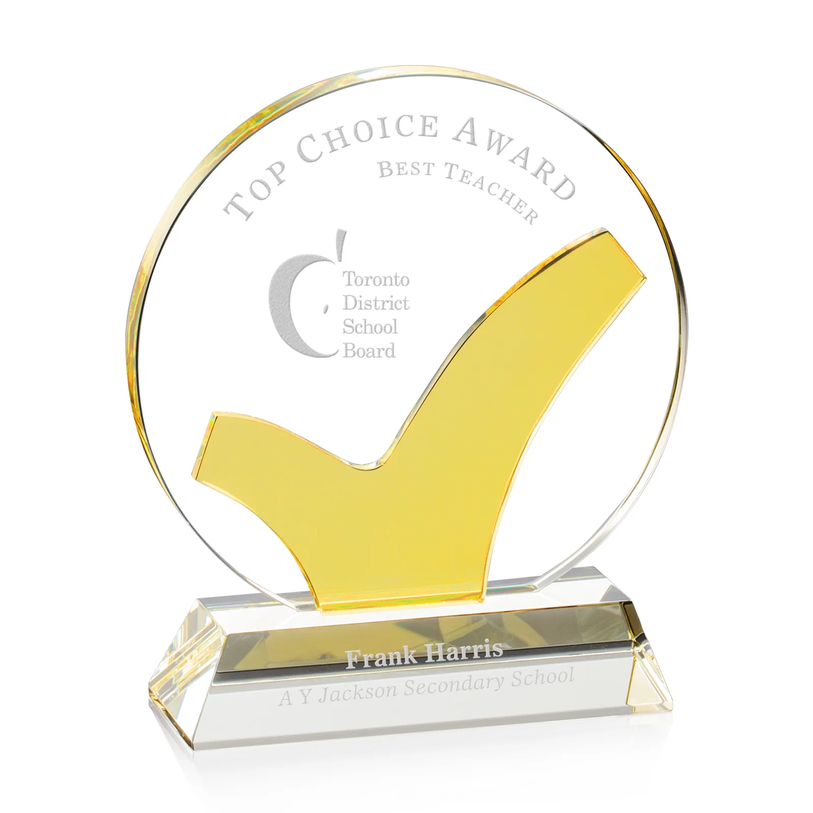 Custom Optical Crystal Round Award with Colored Checkmark, awards for corporate award ceremonies