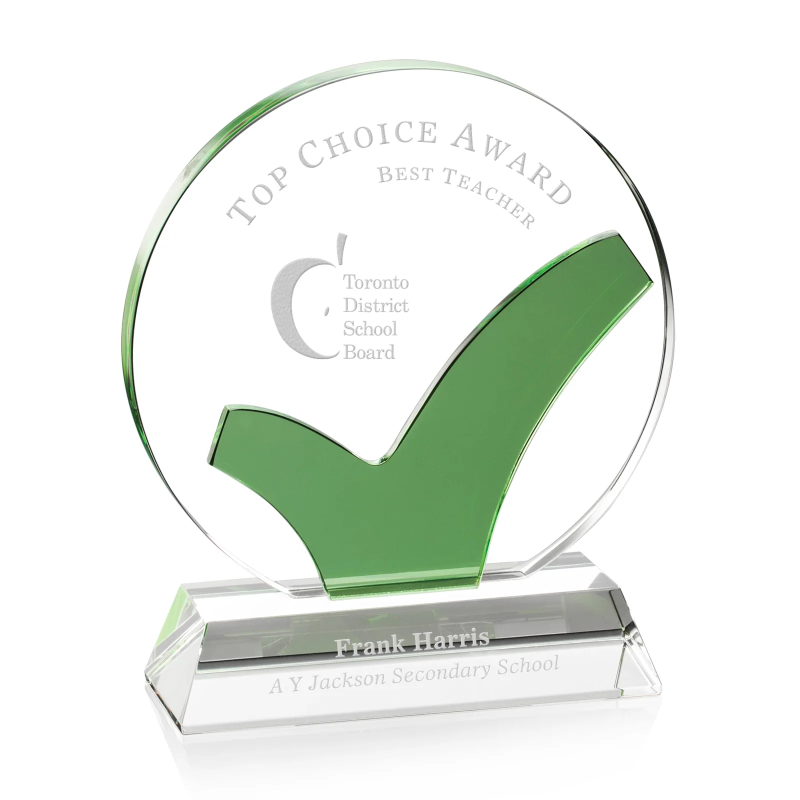 Custom Optical Crystal Round Award with Colored Checkmark, awards for sales achievement awards