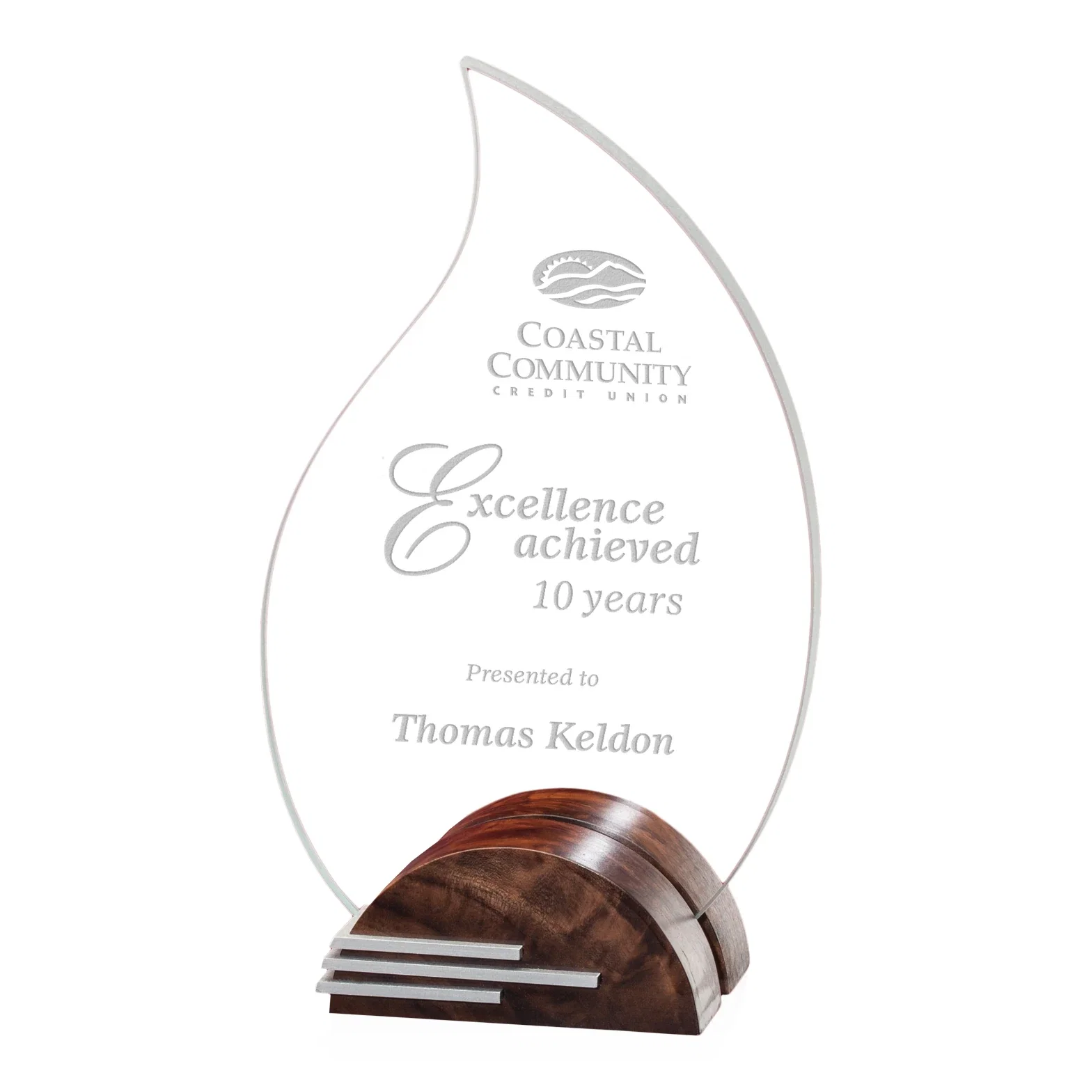 Custom Starfire Crystal Flame Award Between Black Walnut Semicircles for employee recognition