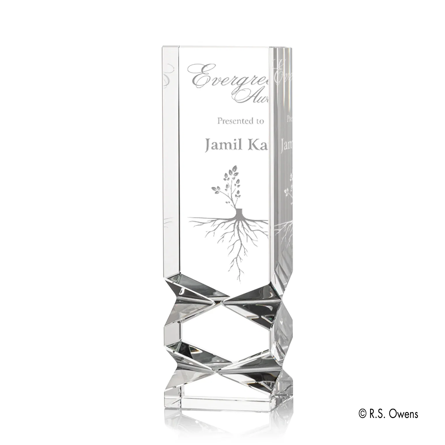 Custom Flame-Polished Geometric-Cut Optical Crystal Tower Award for service anniversary gifts