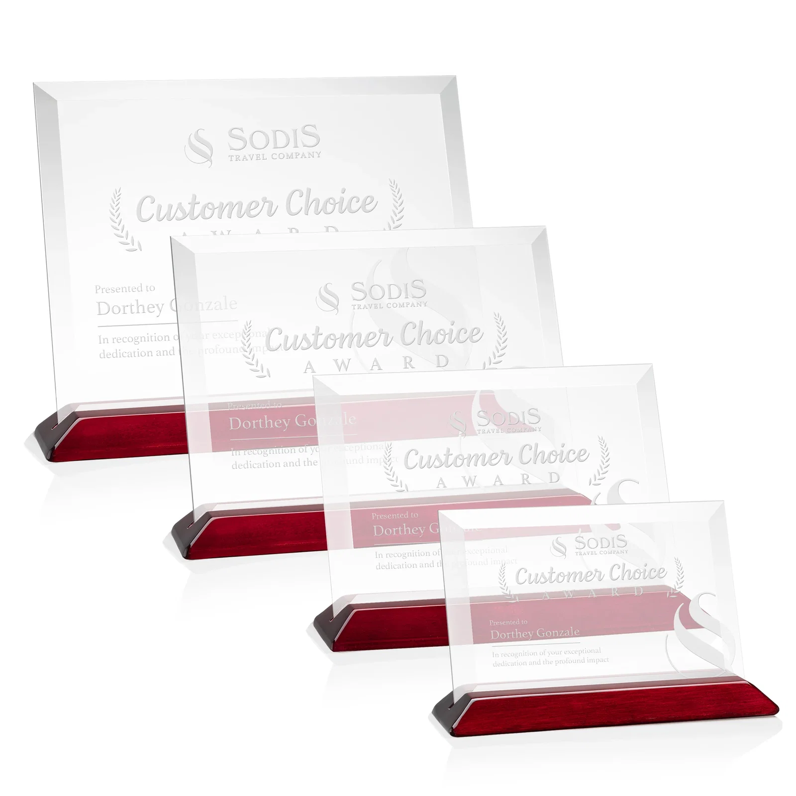 Custom Starfire Crystal Award with Deeply Beveled Edges on a Wood-Tone Base for dealer and partner awards