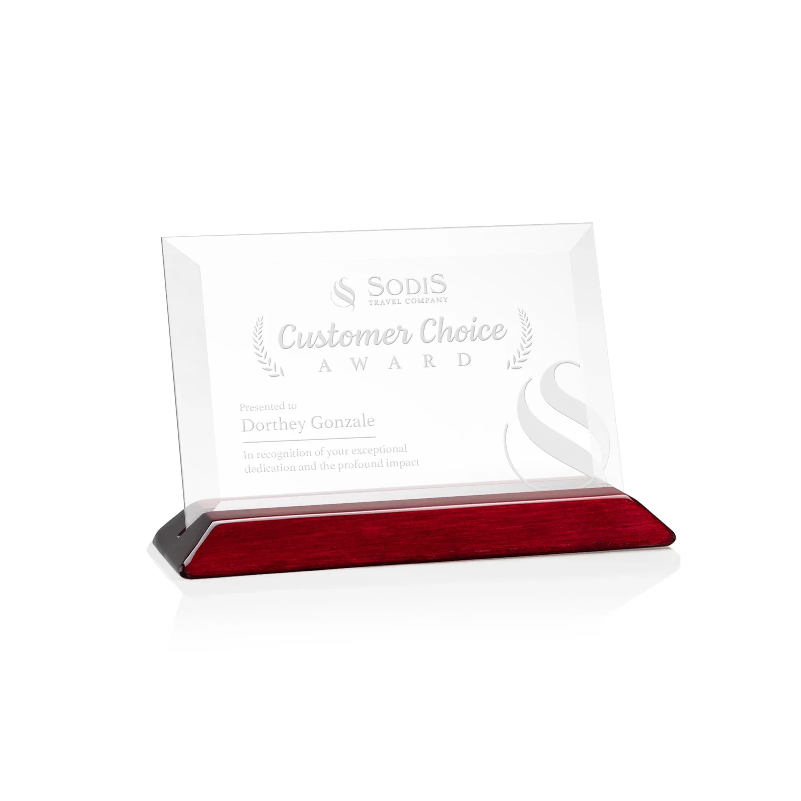Custom Starfire Crystal Award with Deeply Beveled Edges on a Wood-Tone Base for company anniversary events