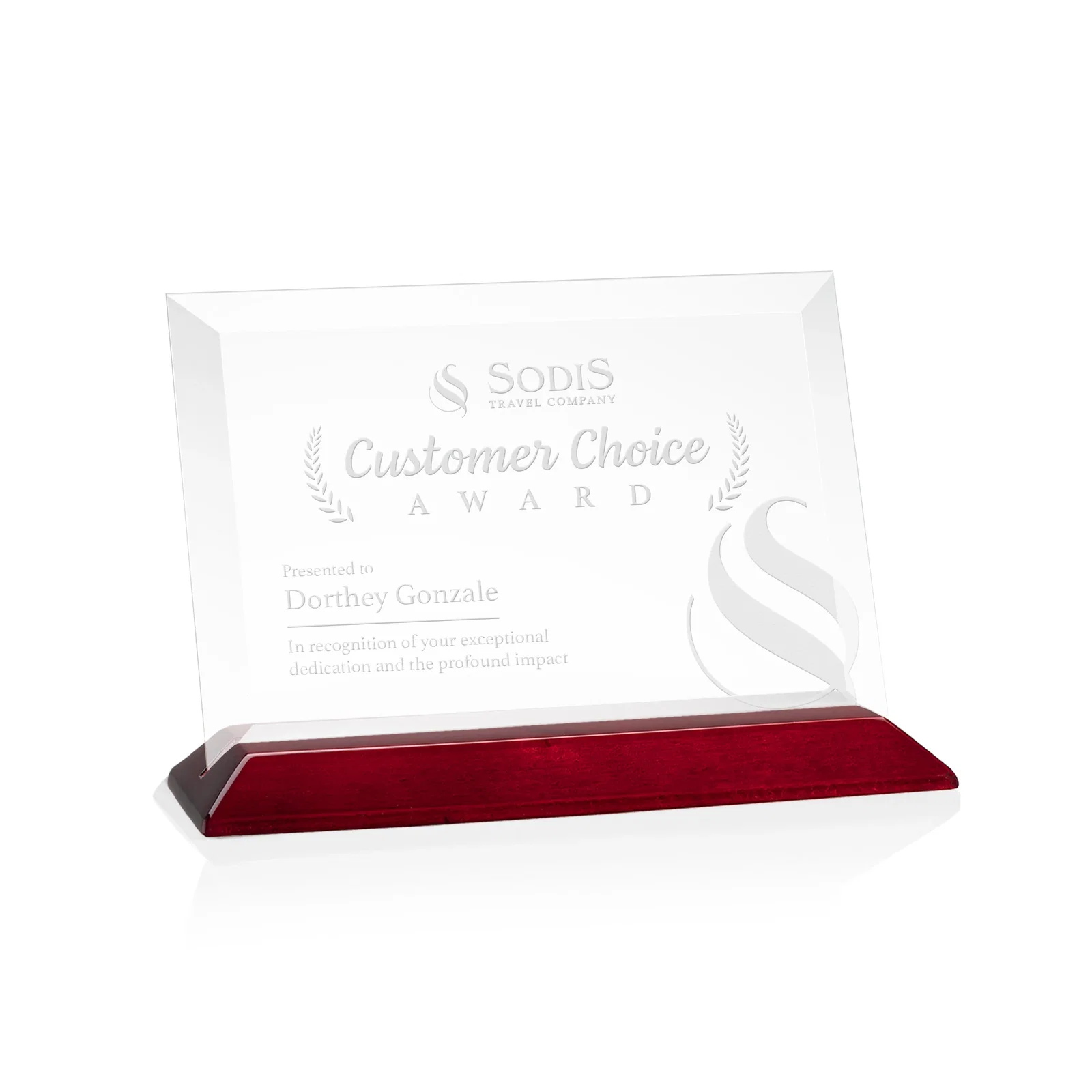 Personalized Starfire Crystal Award with Deeply Beveled Edges on a Wood-Tone Base for employee recognition