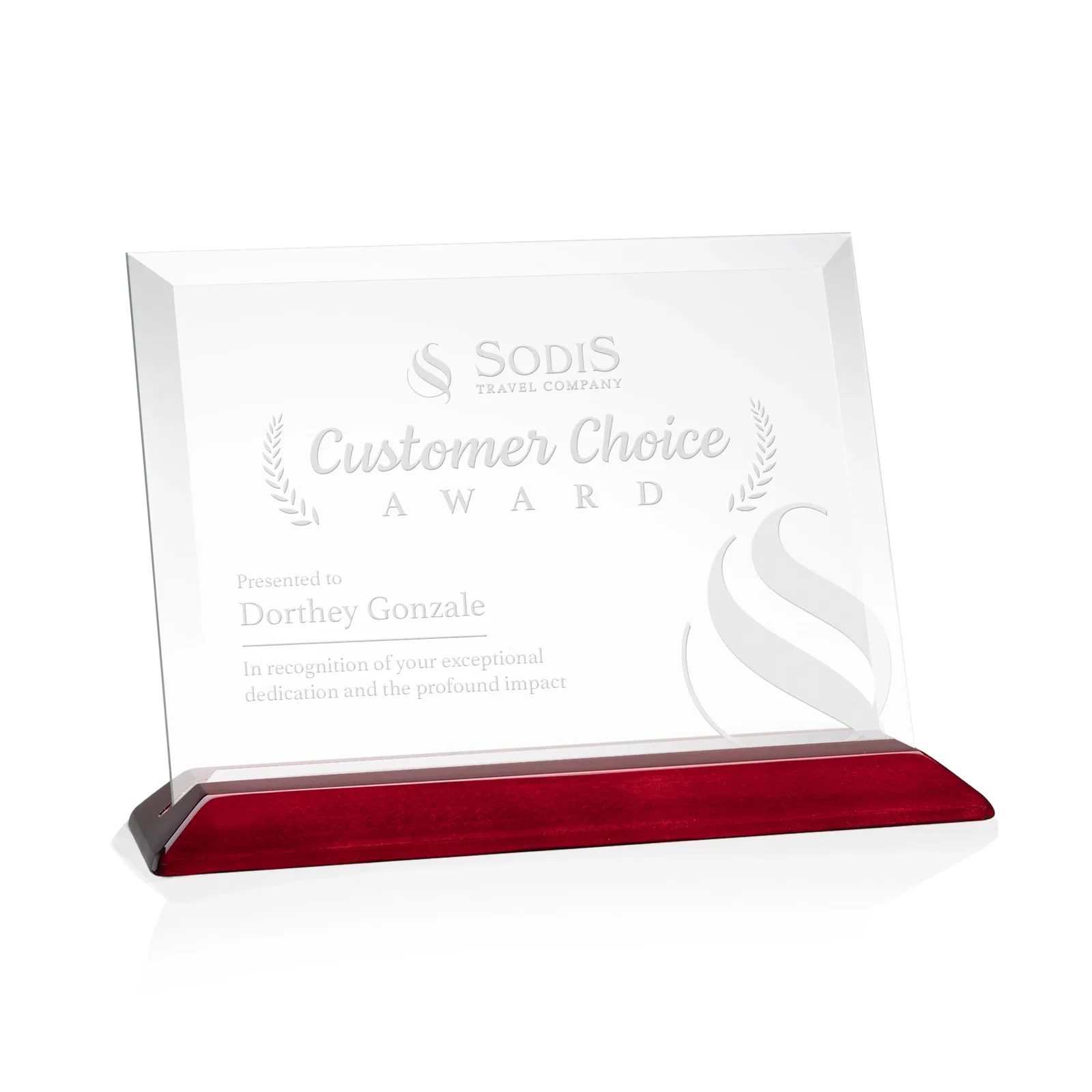 Personalized Starfire Crystal Award with Deeply Beveled Edges on a Wood-Tone Base for corporate award ceremonies