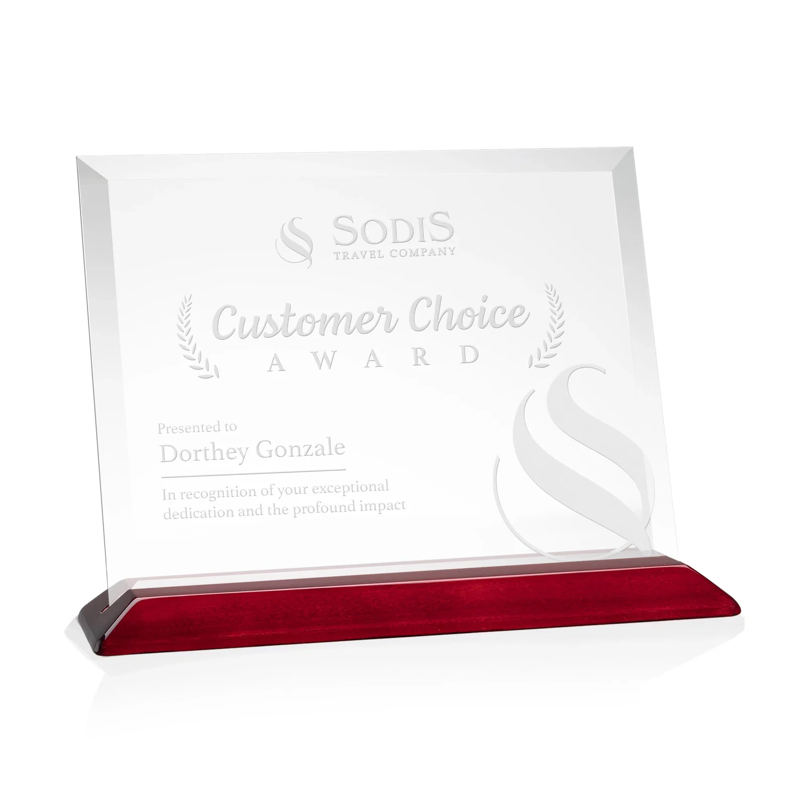 Personalized Starfire Crystal Award with Deeply Beveled Edges on a Wood-Tone Base for service anniversary gifts